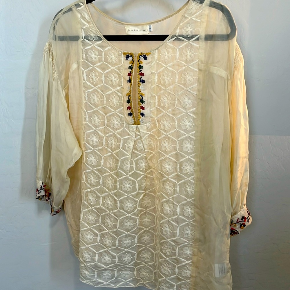 Love and Liberty Small 100% Silk Sheer Blouse